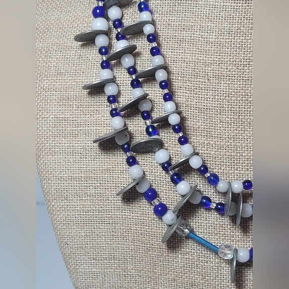 Otavalo 3 Strand Trade Bead Glass & 5 Centavo Coins Necklace Blue & White 24" - Picture 10 of 14